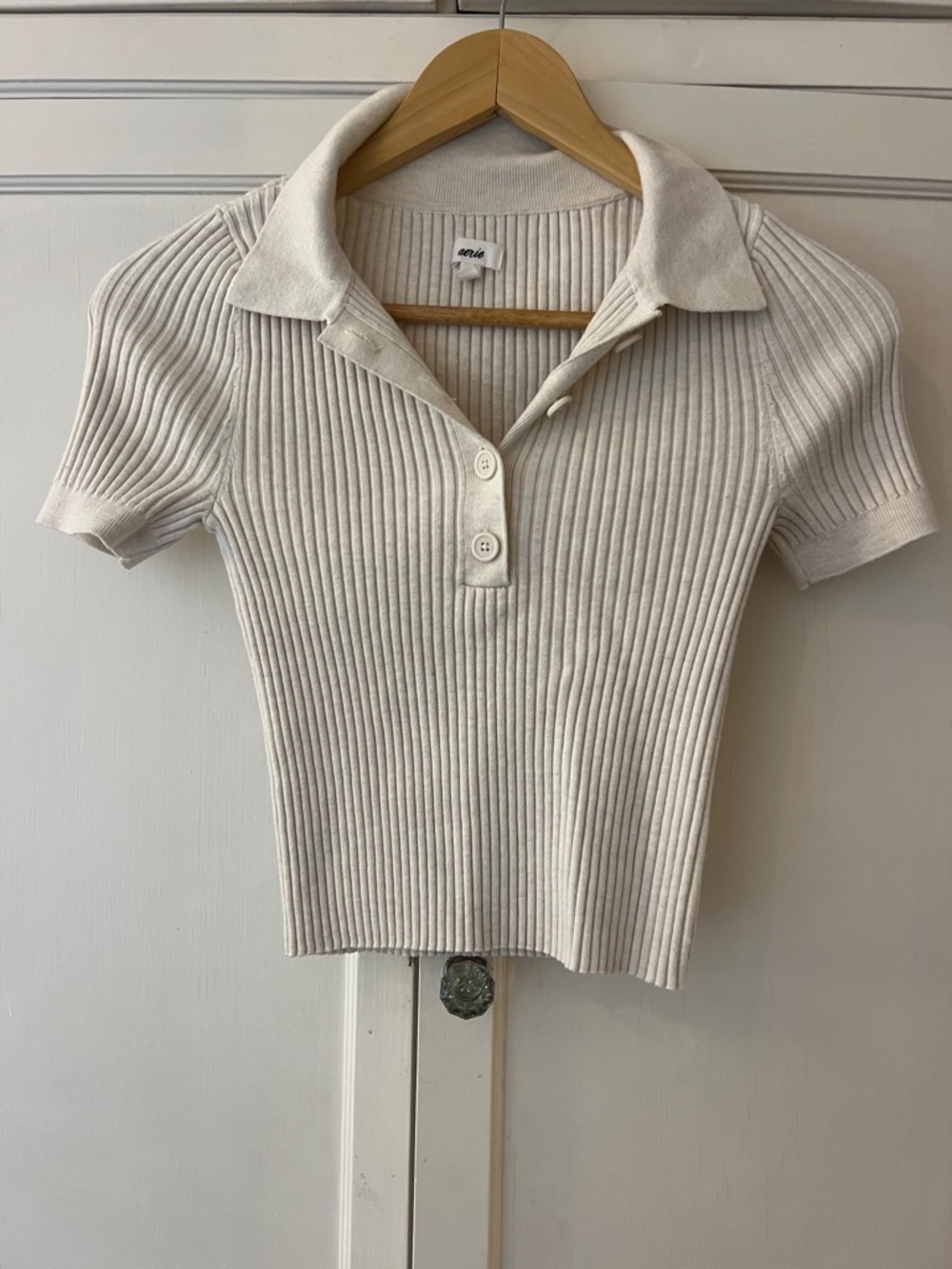 aerie Cream Ribbed Short-Sleeve Polo Crop Top